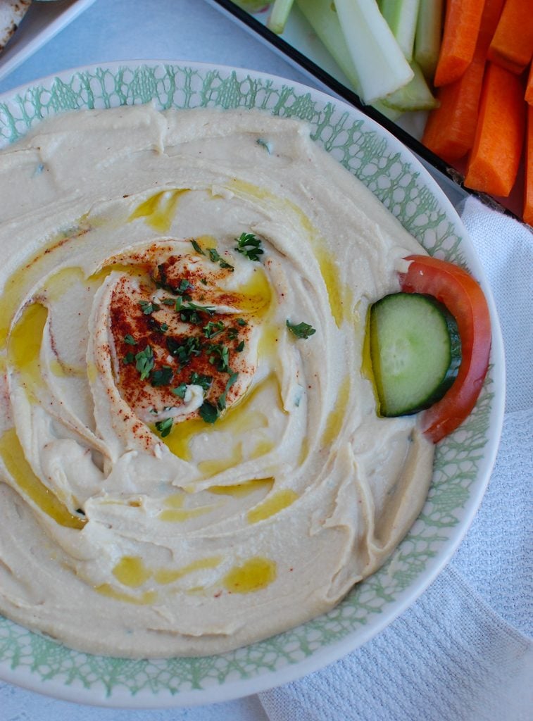 Lebanese Hummus Recipe with teal bowl