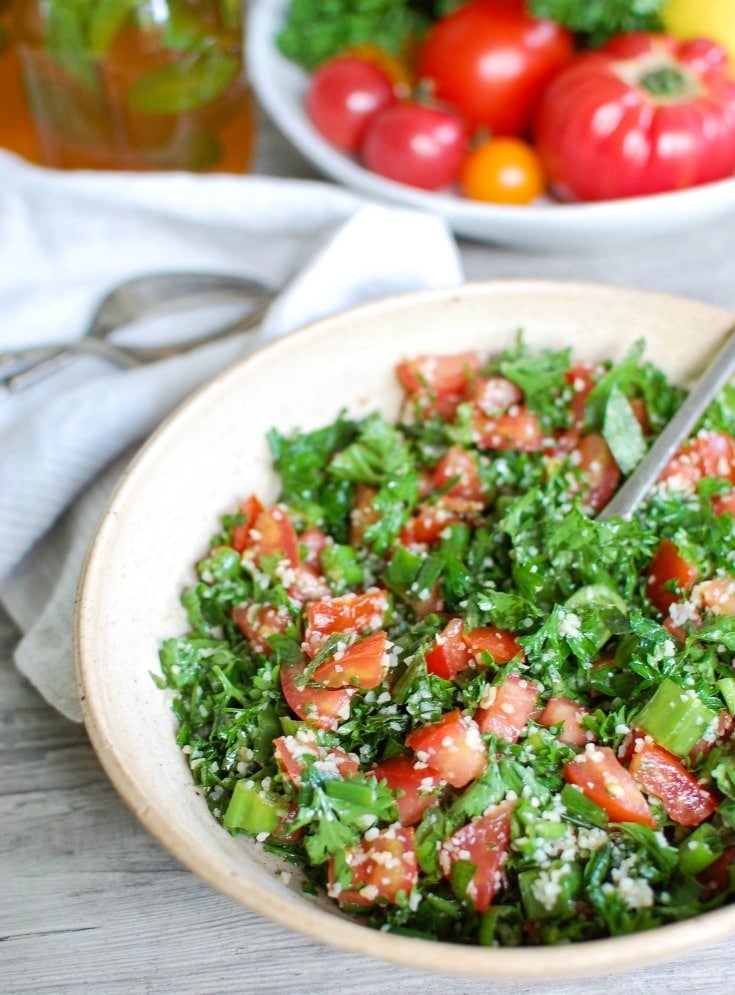 Easy Tabbouleh Recipe with spoon.
