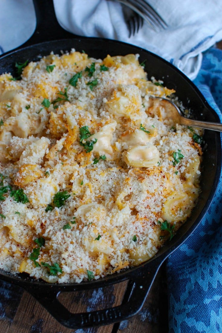 Baked Mac and Cheese with Bread Crumbs Recipe with spoon.