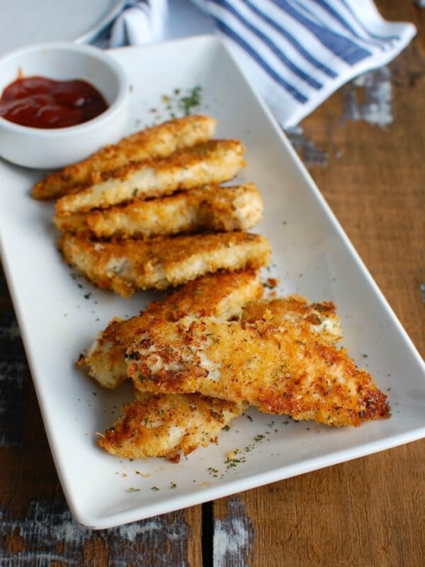 Healthy Chicken Fingers with blue napkin