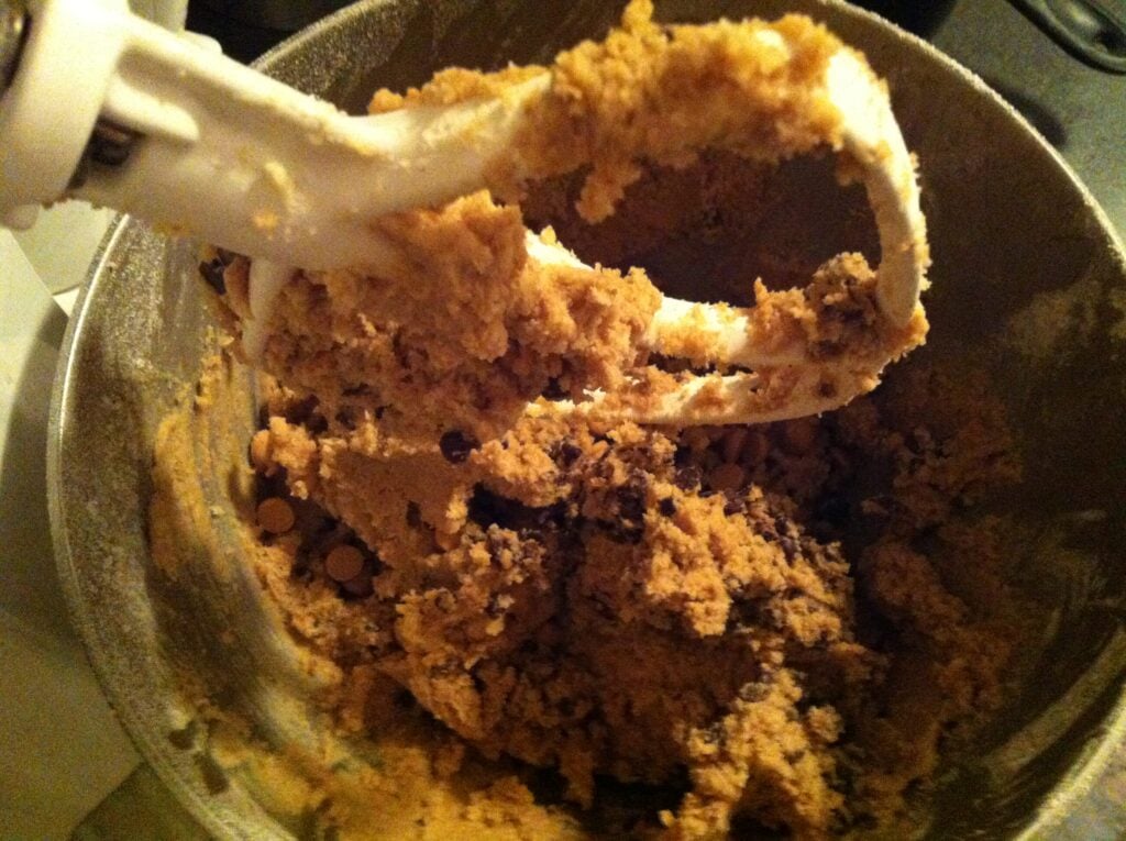 Chocolate and Peanut Butter Chip Cookies mixing