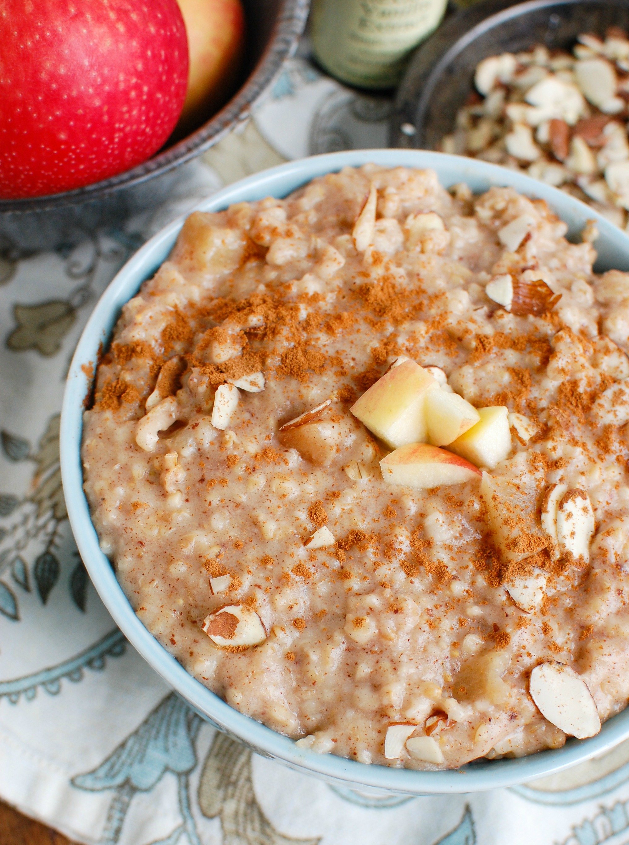 Slow Cooker Steel Cut Oatmeal in a blue bowl
