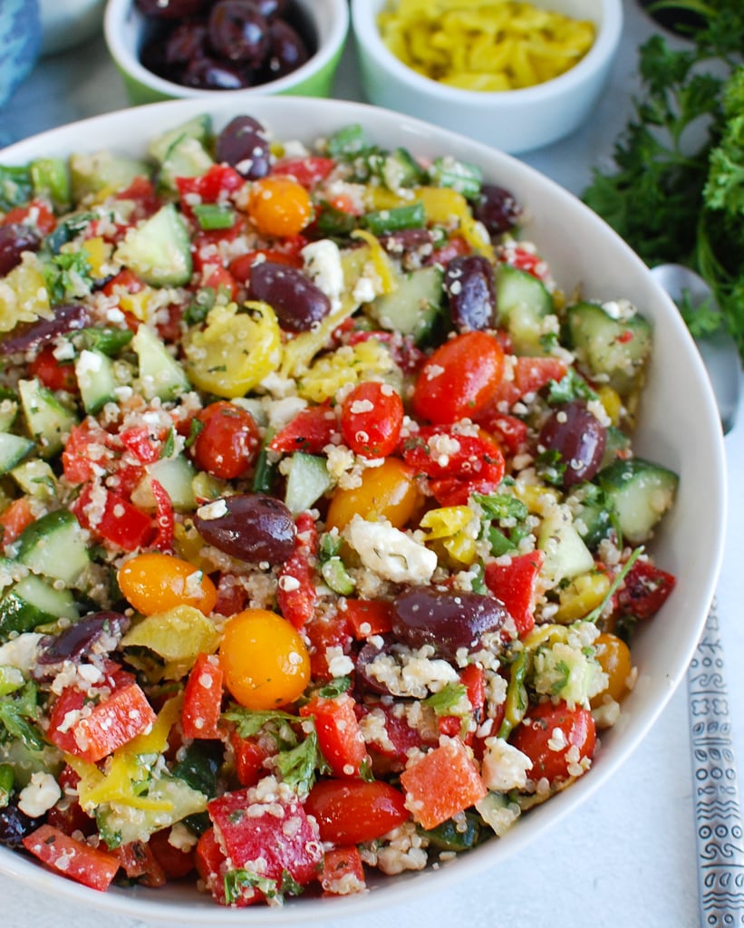Greek Quinoa Salad in a white bowl