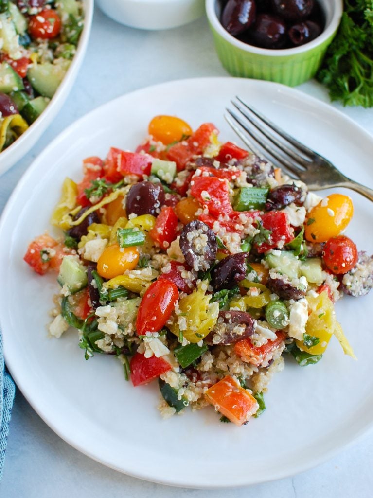 Greek Quinoa Salad with fork