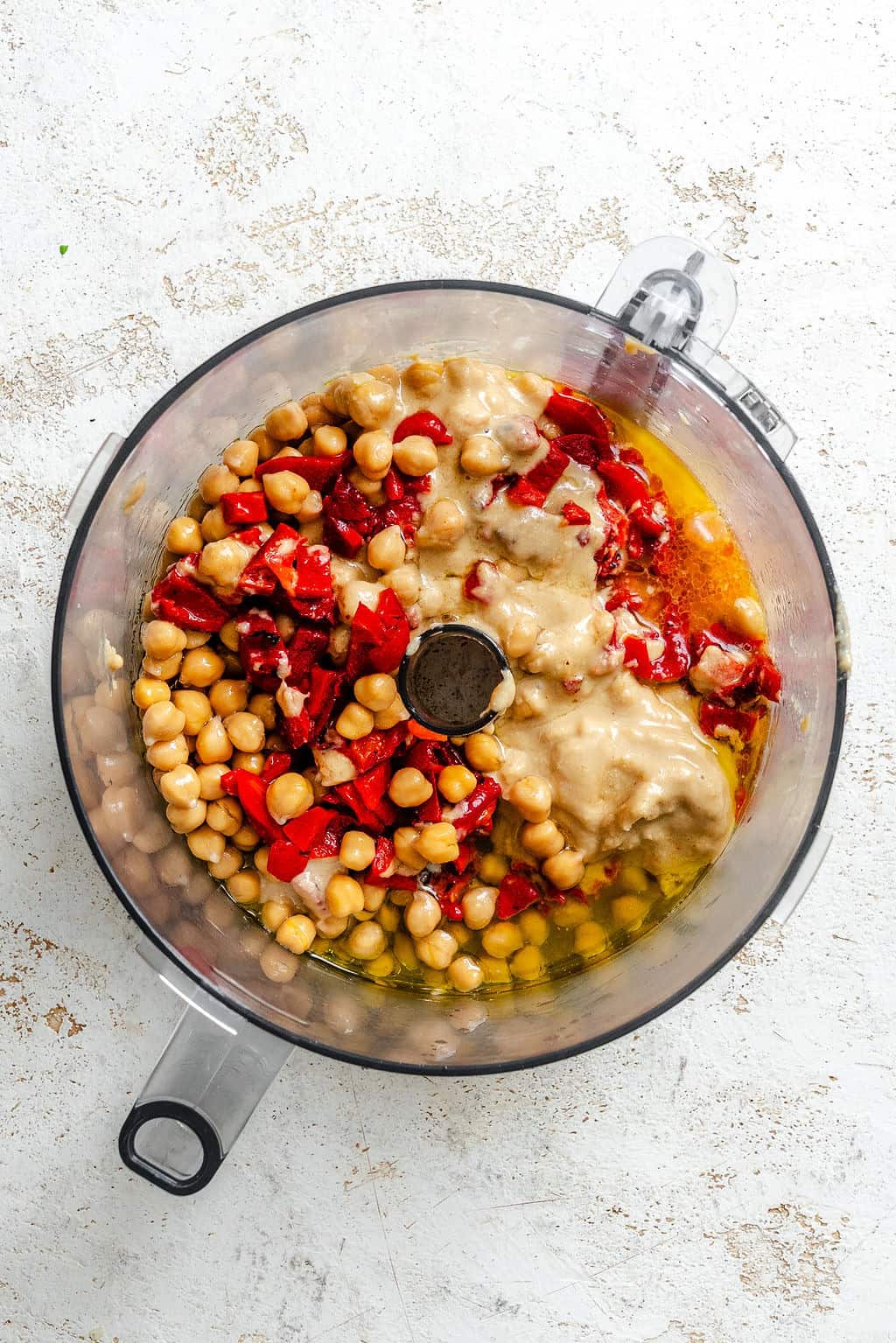 Roasted Red Pepper Hummus ingredients in blender