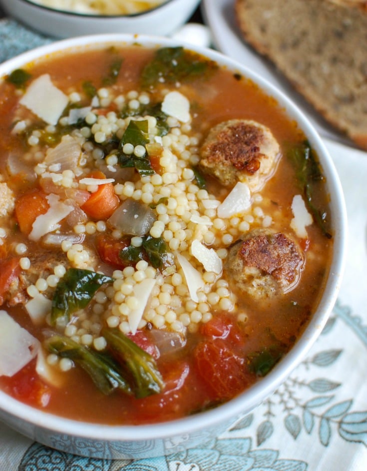 This easy to make Italian Wedding Soup recipe is full of the simple, delicious flavors of healthy greens, vegetables and turkey meatballs in a light broth. If you are looking for comfort food that is lighter and healthier, this is for you! 