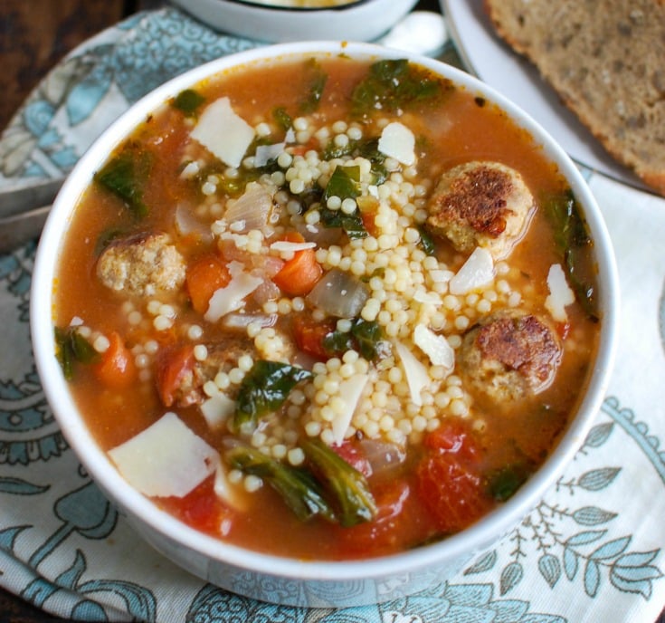  This easy to make Italian Wedding Soup recipe is full of the simple, delicious flavors of healthy greens, vegetables and turkey meatballs in a light broth. If you are looking for comfort food that is lighter and healthier, this is for you! 