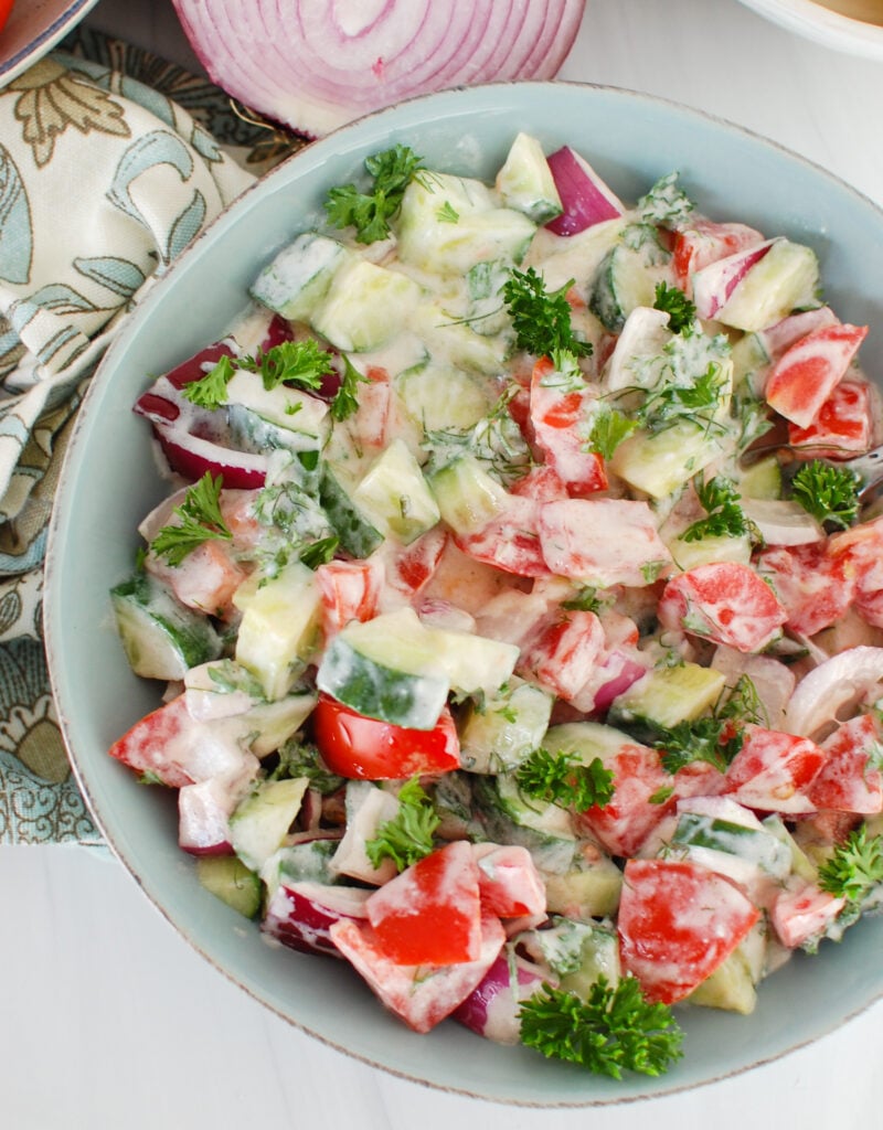 Tomato Cucumber Salad with Yogurt Dressing with parsley