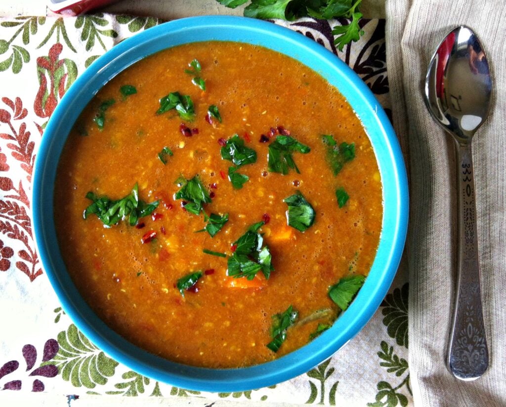Moroccan Red Lentil Soup in blue bowl