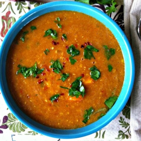 Moroccan Red Lentil Soup is a comforting soup recipe. The warm, rich spices of cinnamon, coriander, cumin, paprika and tumeric mix together perfectly to create a flavorful soup.