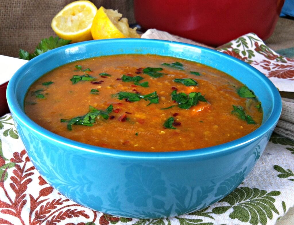 Moroccan Red Lentil Soup in blue bowl