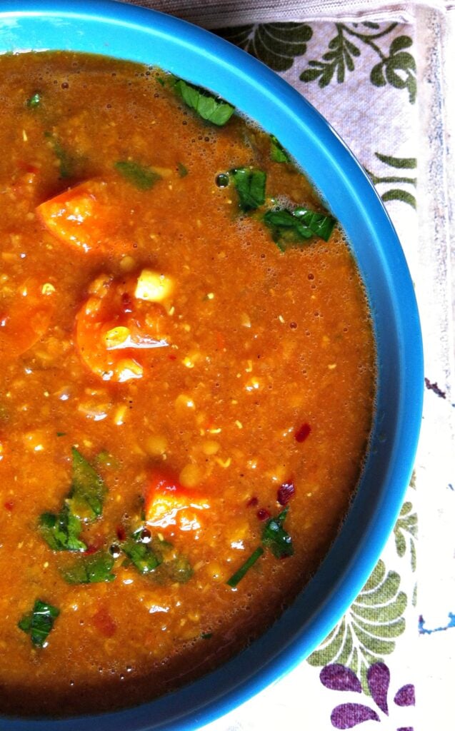 Moroccan Red Lentil Soup in blue bowl