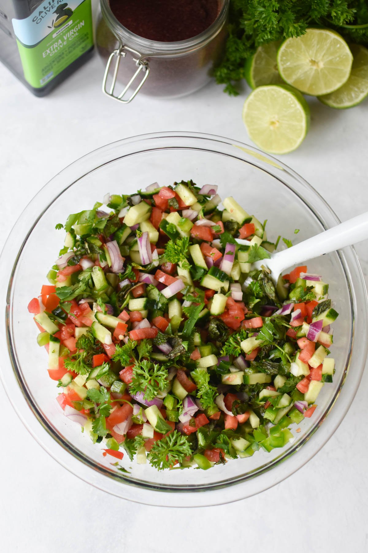 Shirazi Salad Recipe mixed in clear bowl