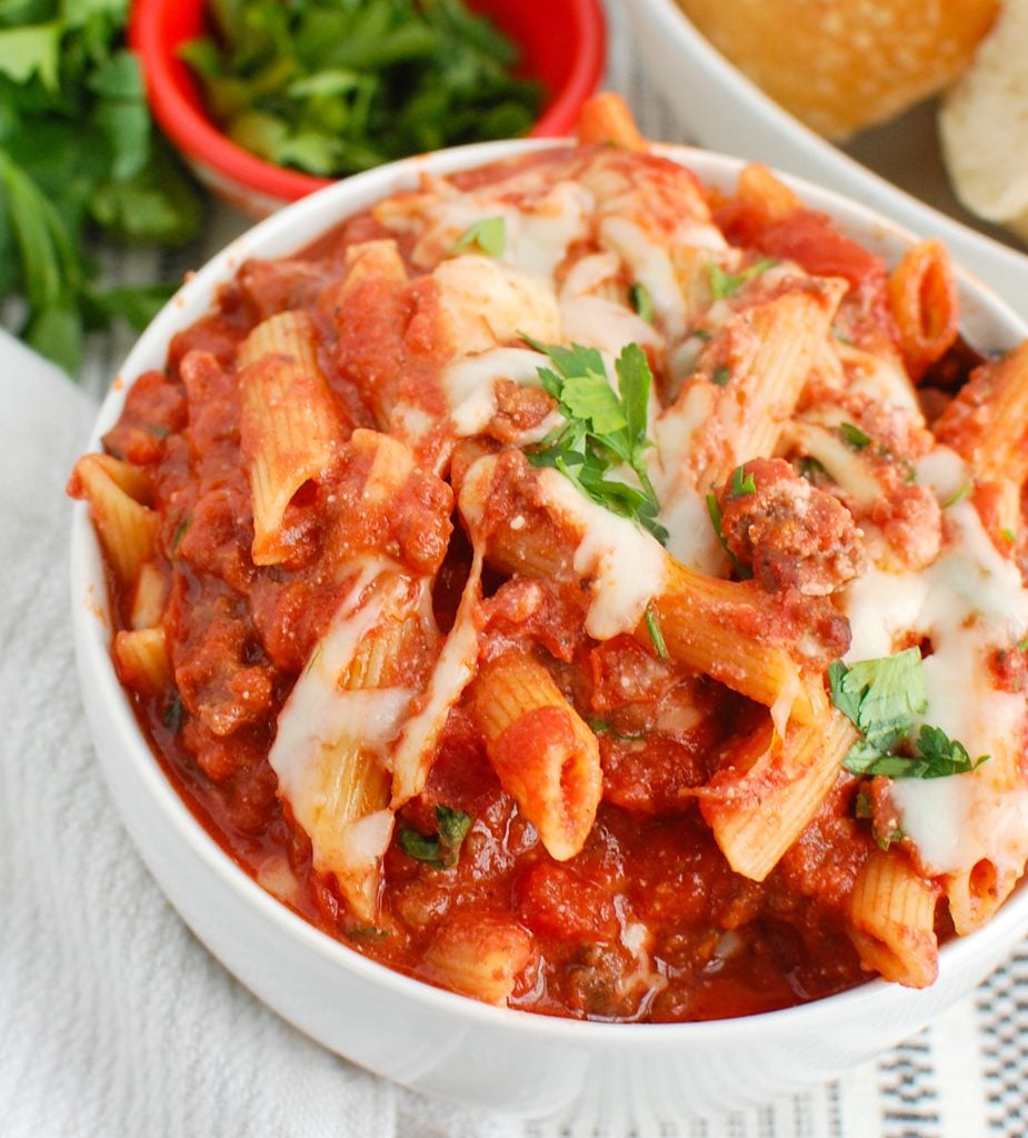Baked Ziti with Ricotta in white bowl