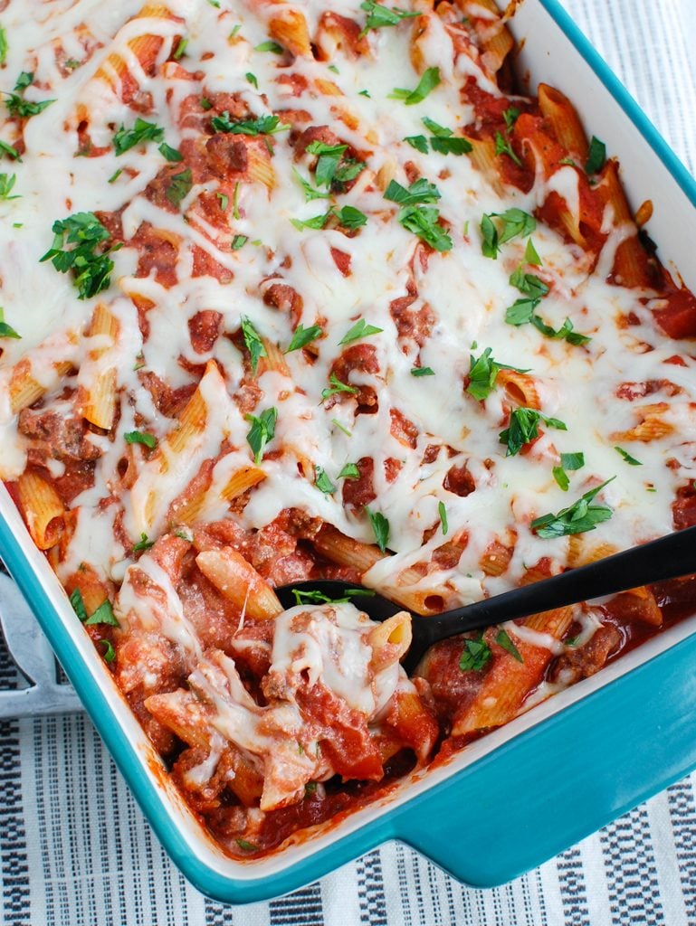 Baked Ziti with Ricotta with large spoon 