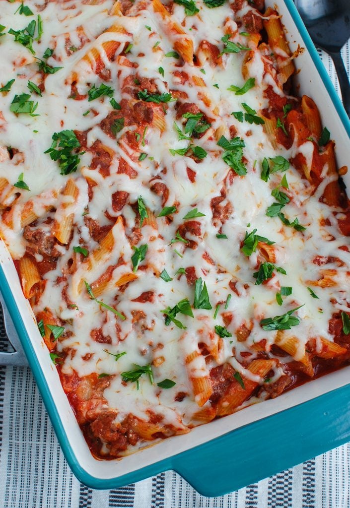 Baked Ziti with Ricotta in baking dish