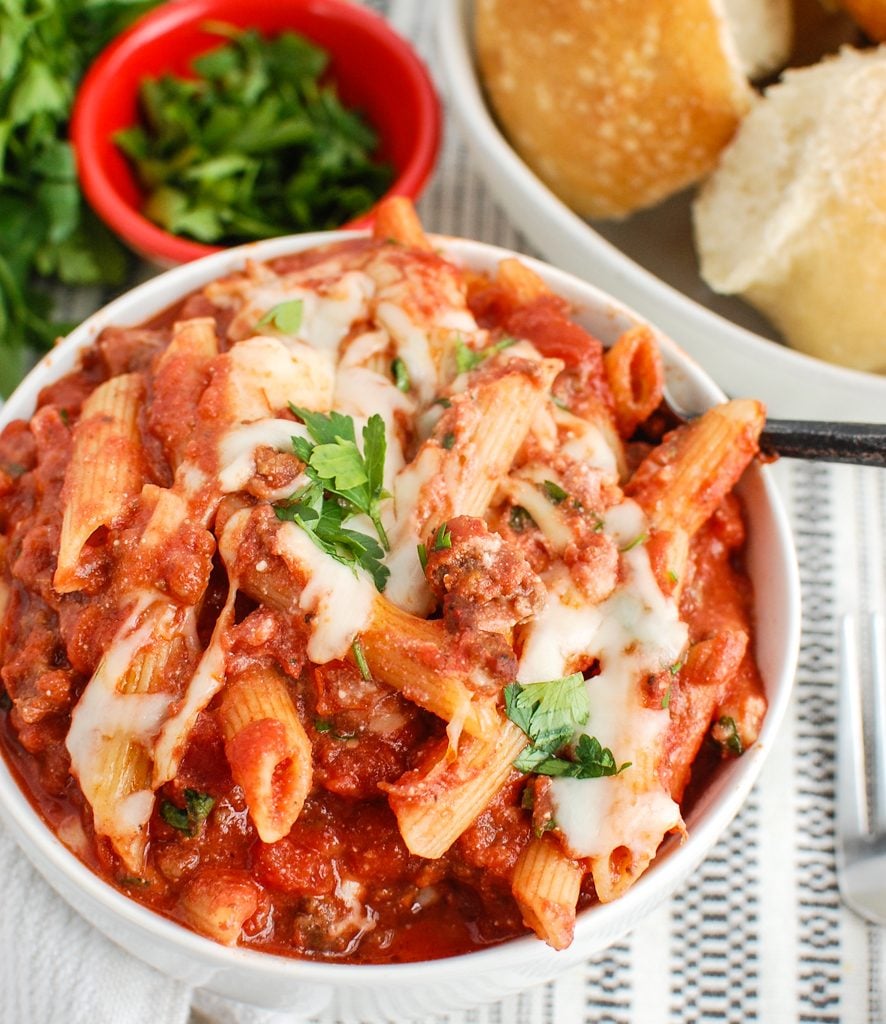 Baked Ziti with Ricotta with fork 