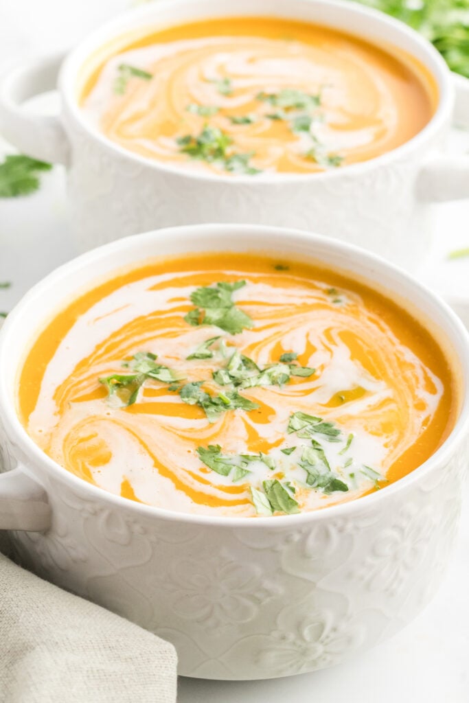 Curried Butternut Squash Soup in white bowl 