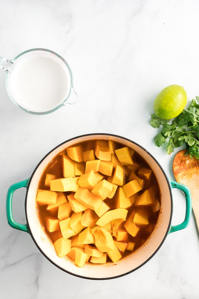 Curried Butternut Squash Soup squash in a pot. 