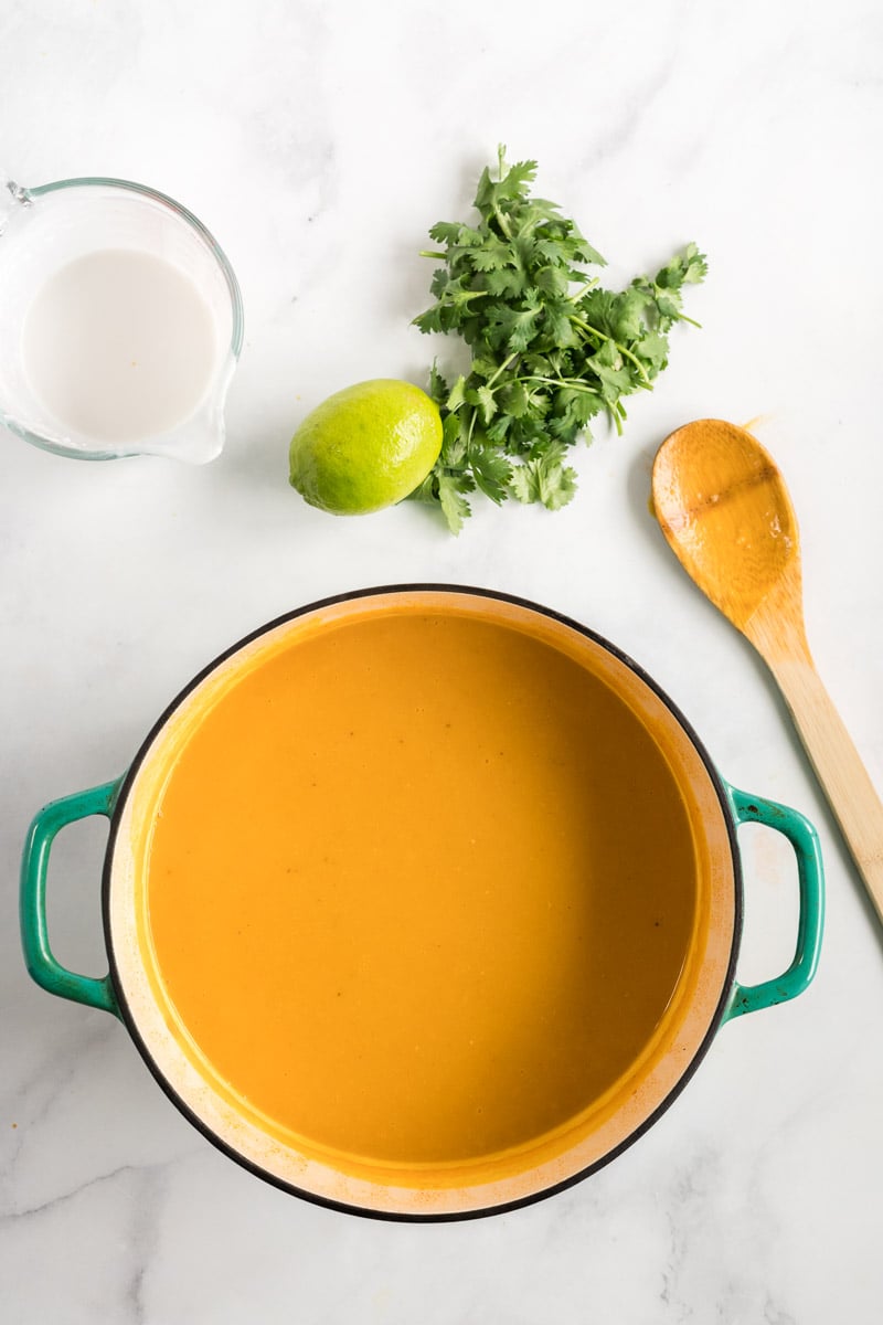 Curried Butternut Squash Soup pureed in pot. 