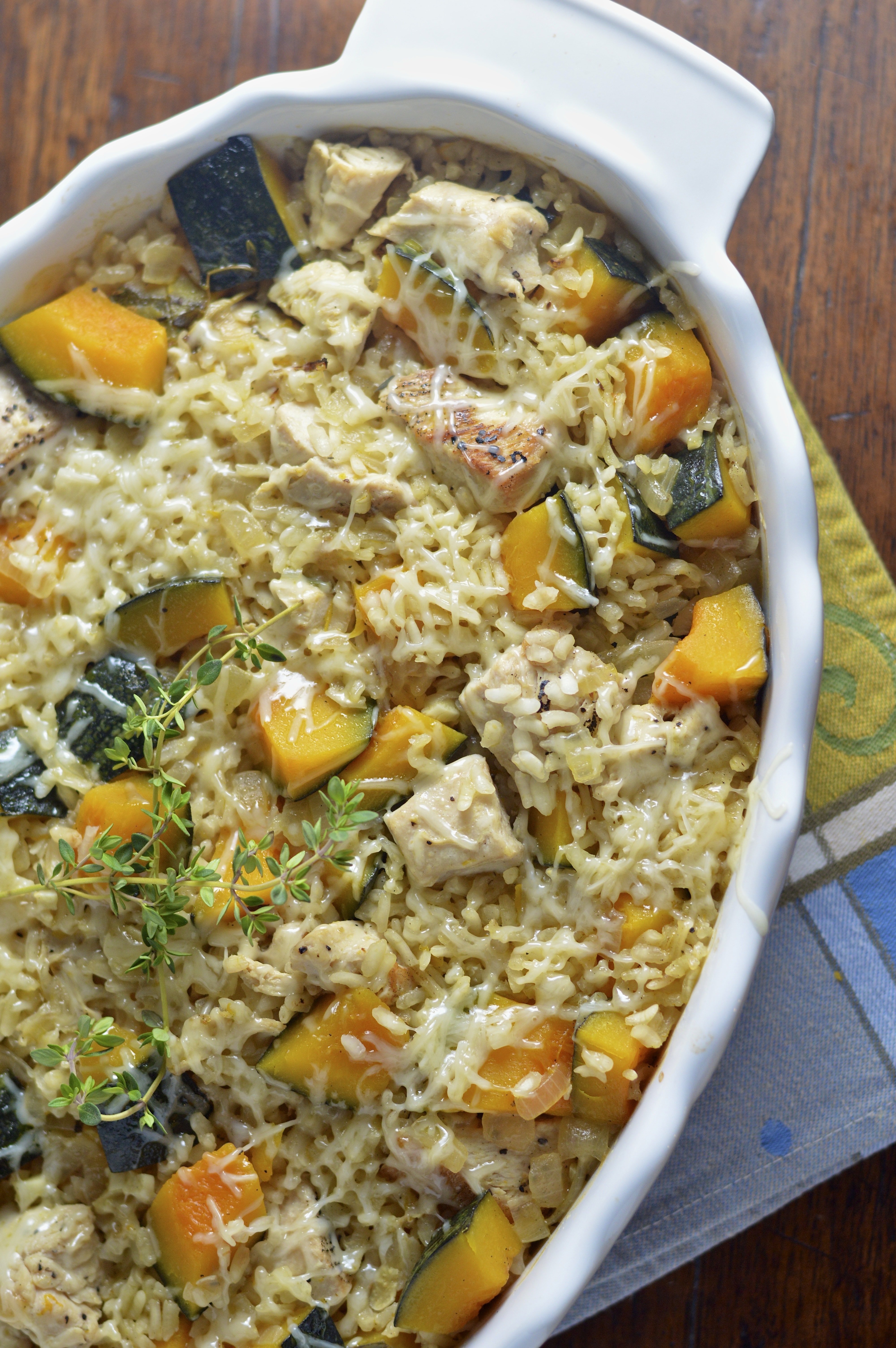 Baked Chicken Kabocha Squash Risotto Recipe in a white casserole dish.