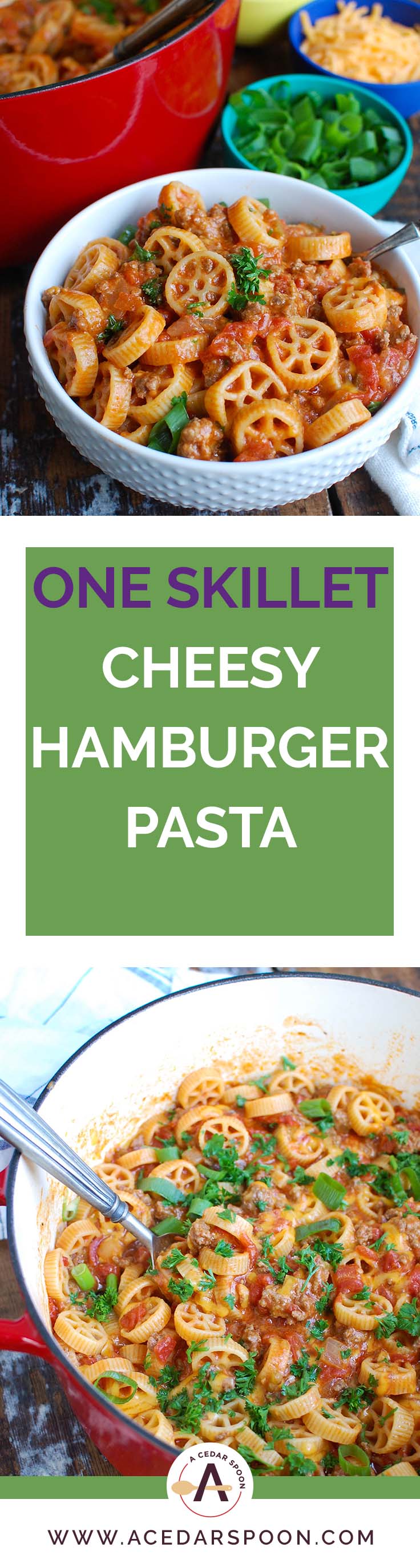 One Skillet Cheesy Hamburger Pasta is a quick and easy one skillet or pot meal mixing ground beef, tomatoes, cheese and pasta to create a cheesy hamburger dish.  The leftovers reheat wonderfully so you have options for lunch and dinner later in the week!