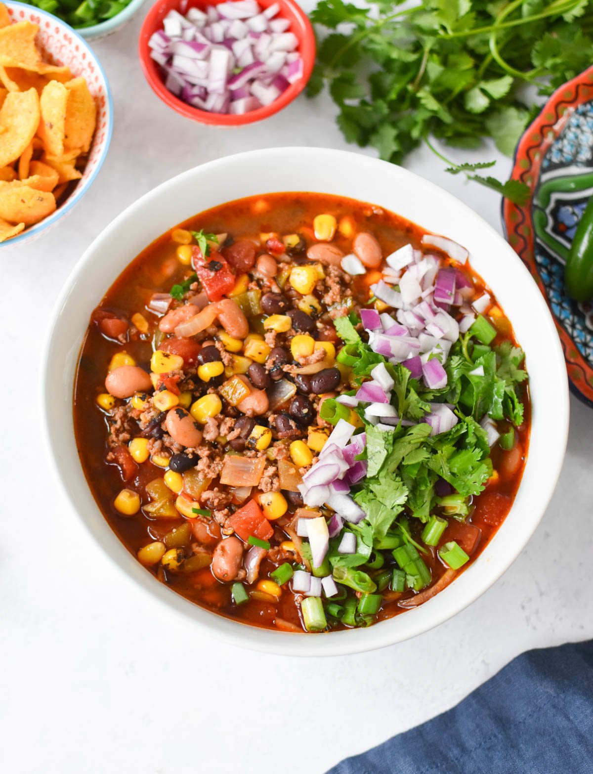 Slow Cooker Taco Soup Recipe in a white bowl 