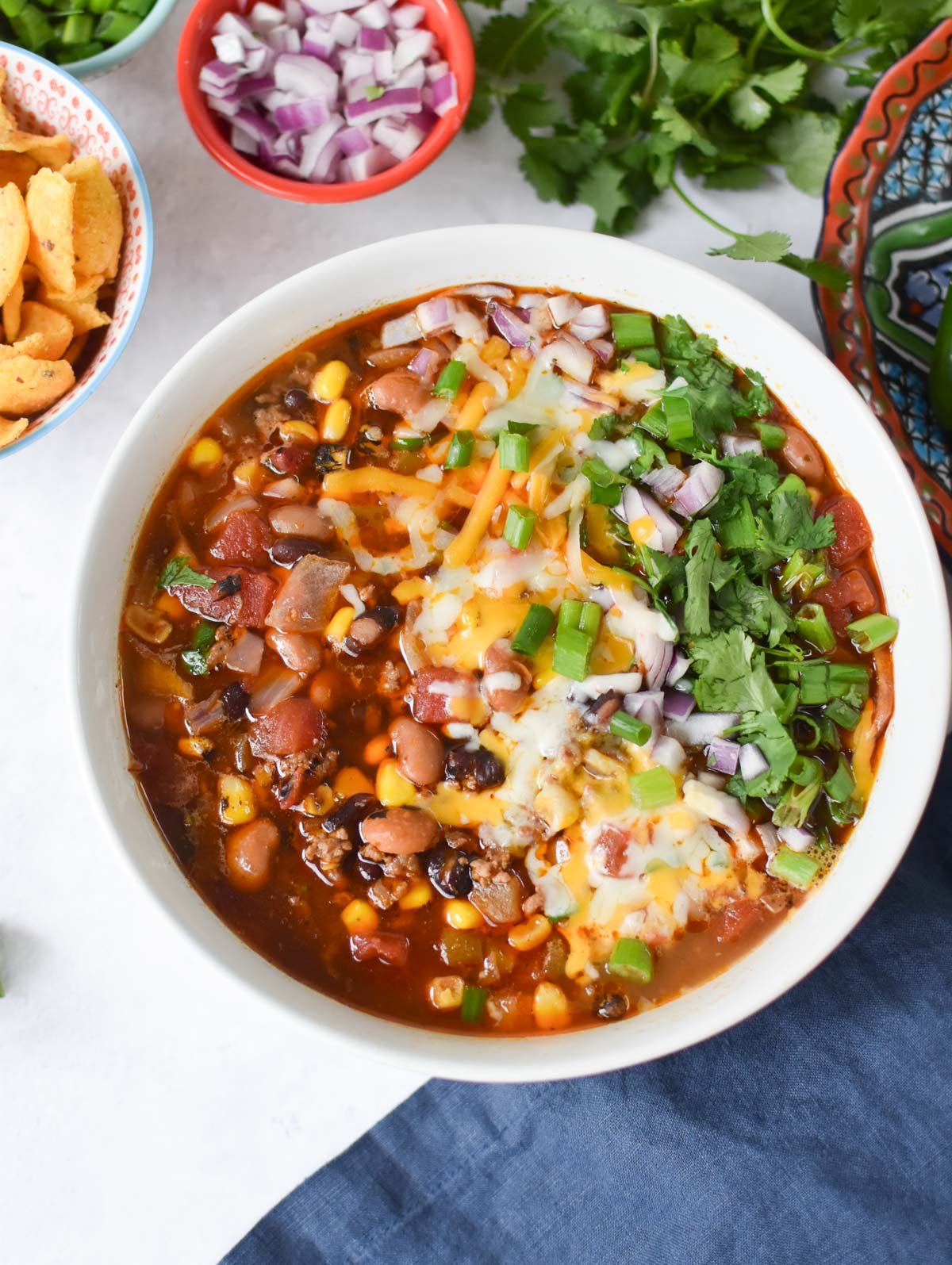 Slow Cooker Taco Soup Recipe with blue napkin 