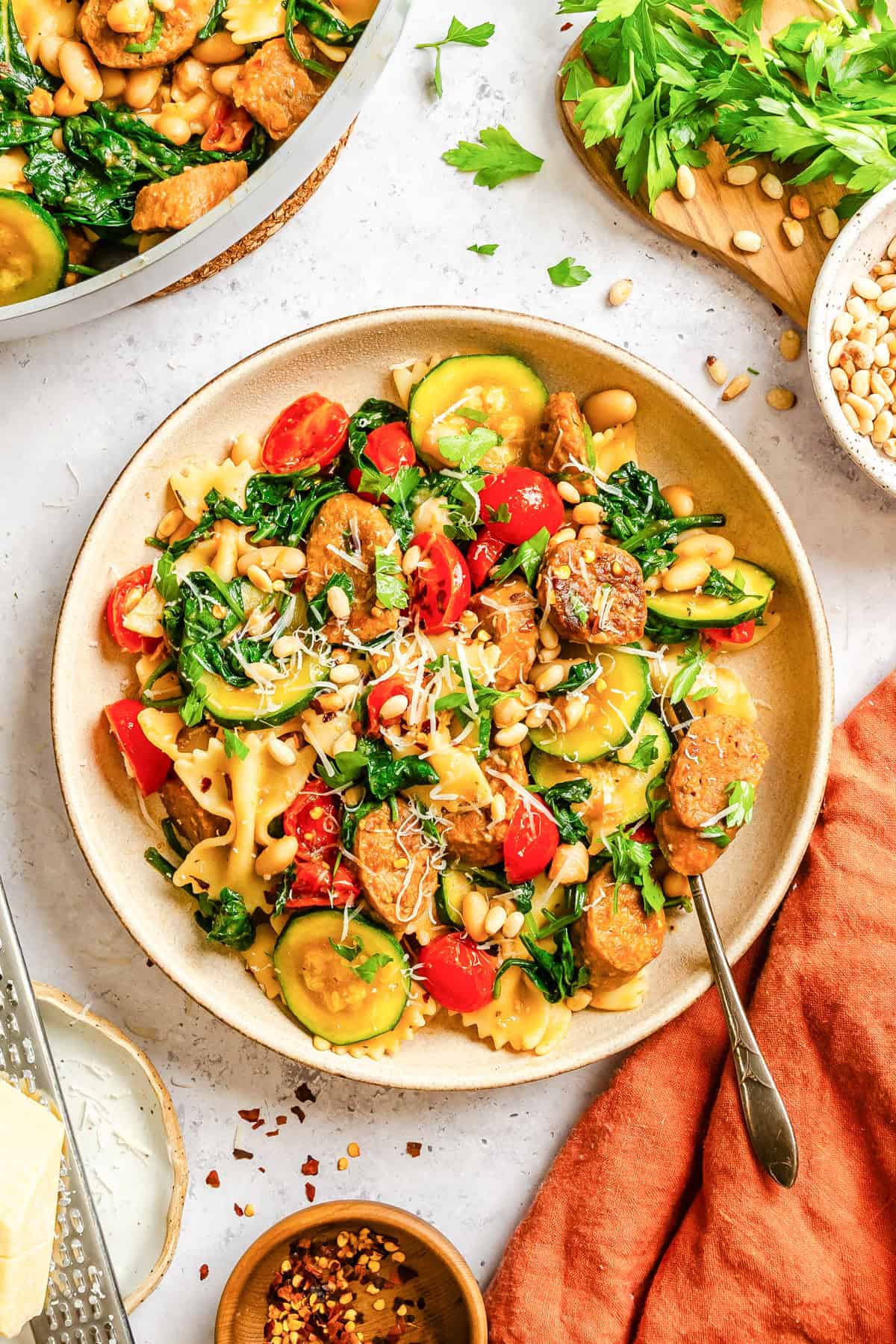 Smoked Sausage Pine Nut Pasta with White Beans 