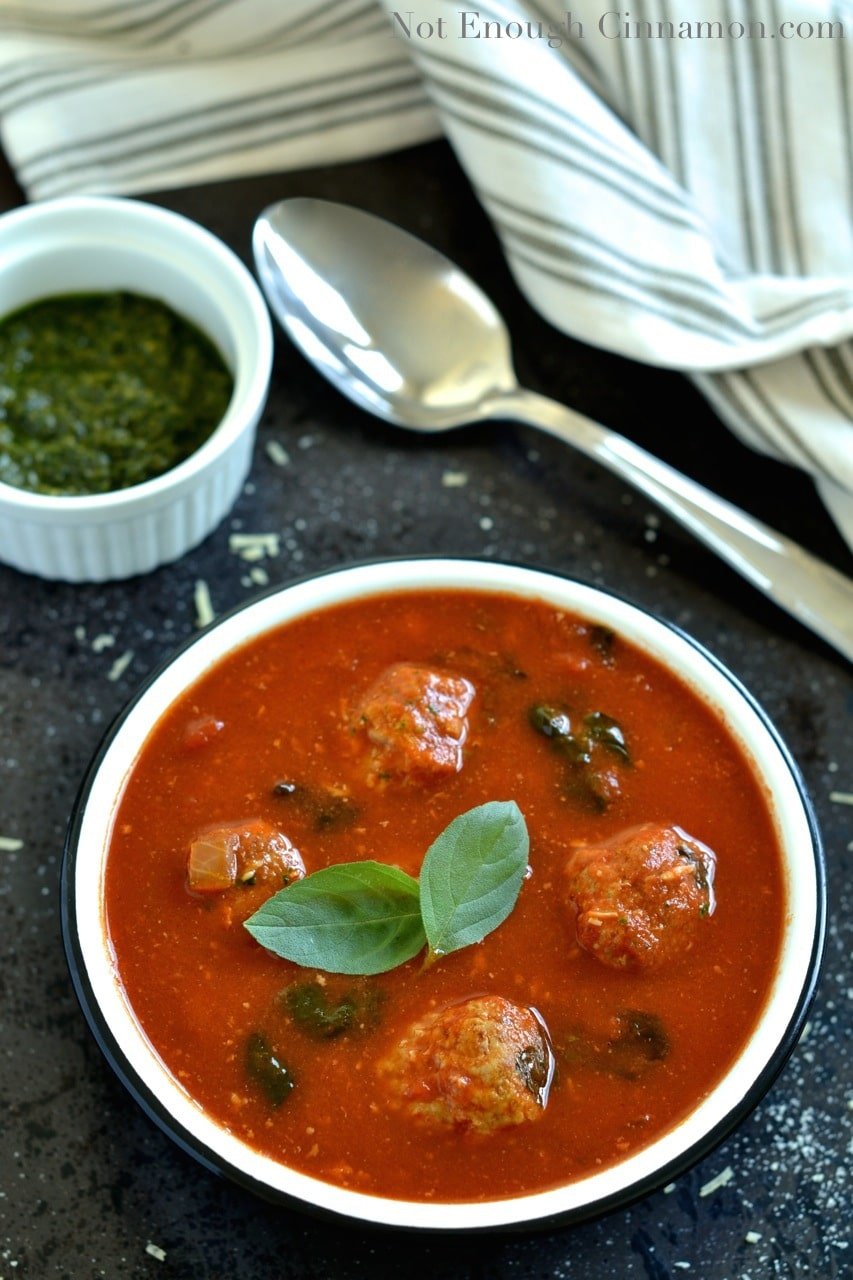 Spinach and Tomato Soup Recipe with pesto.
