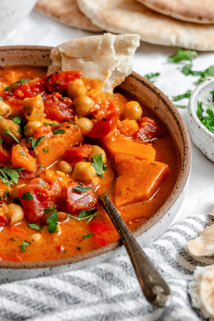 Butternut Squash Chickpea Curry with spoon 