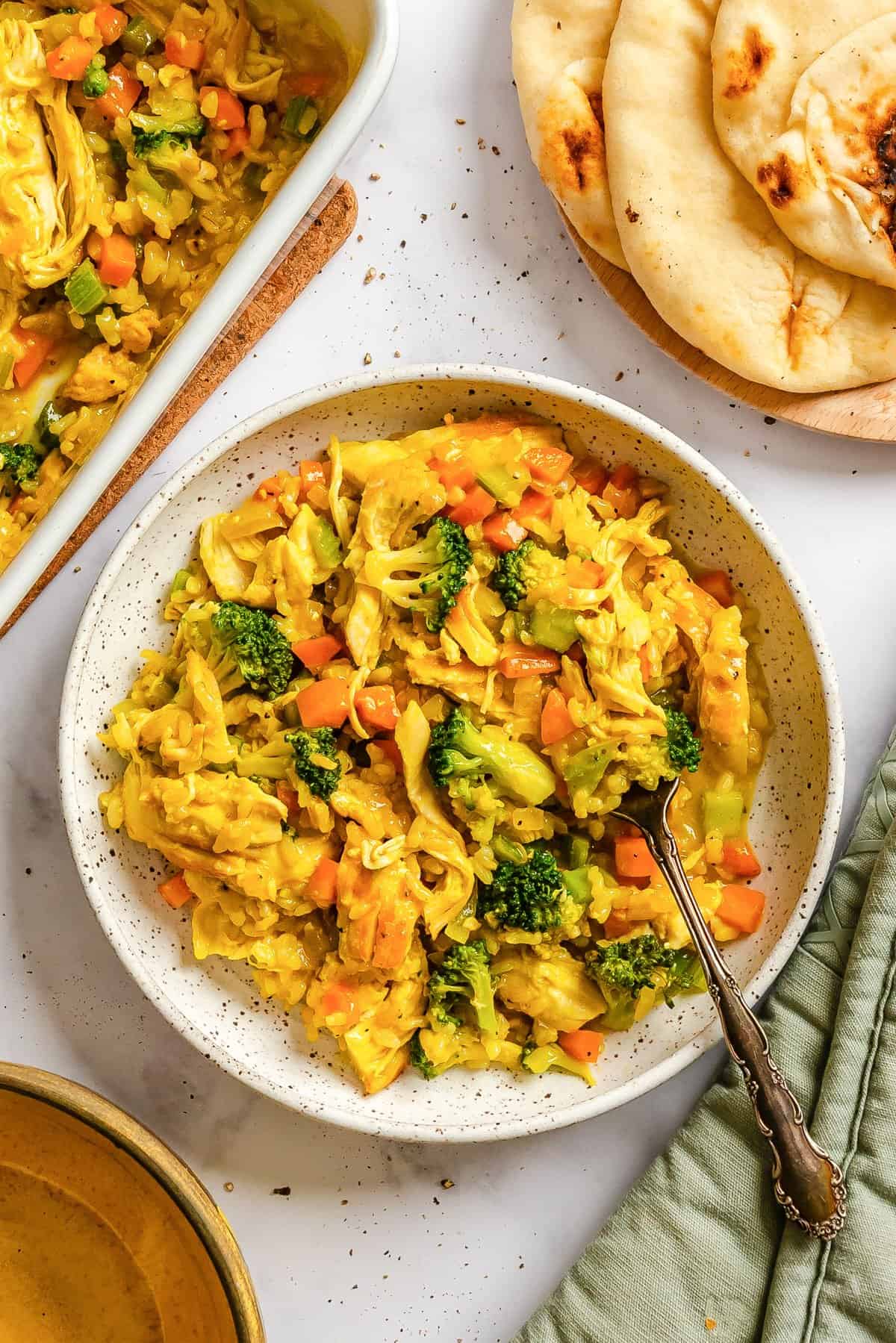 Close up of healthy curried chicken and rice casserole with curry powder and turmeric