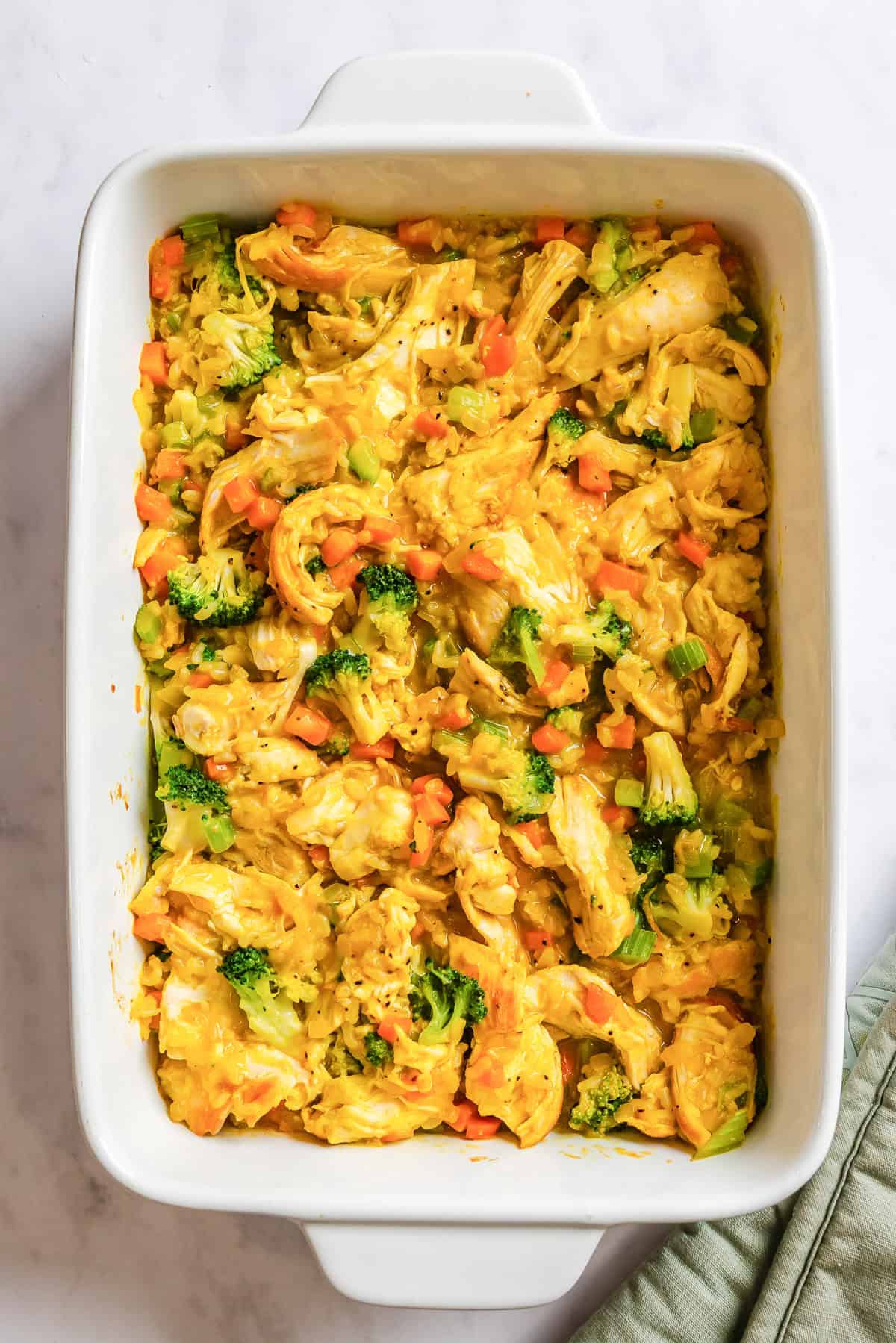 Chicken and Rice Casserole with curry in baking dish