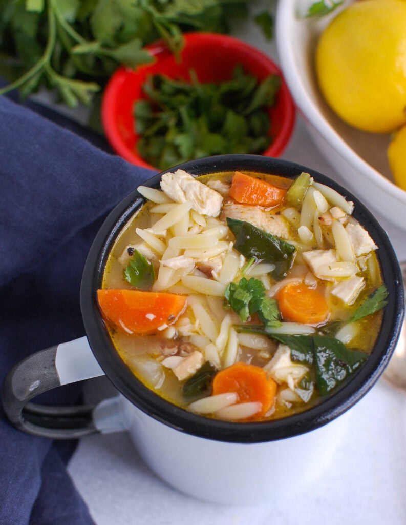 Lemon Chicken Orzo Soup in cup 
