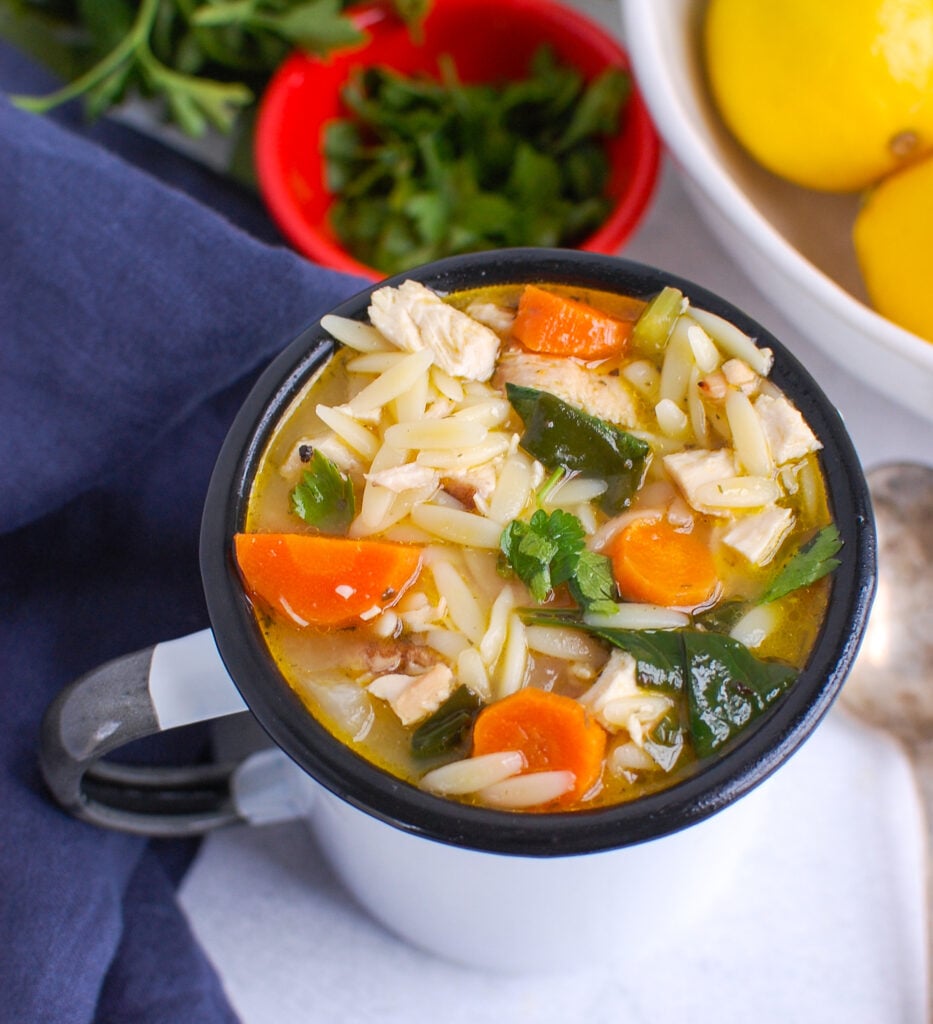 Lemon Chicken Orzo Soup in White Cup 