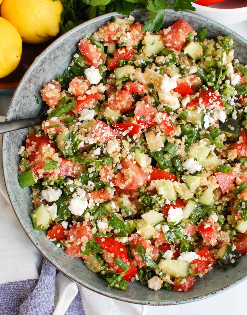 Tomato Cucumber Feta Quinoa Salad in large bowl 