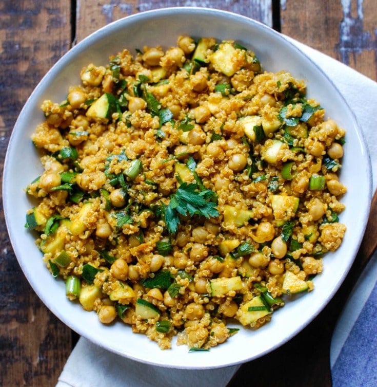 Zucchini Chickpea Quinoa Salad in white bowl