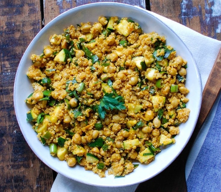 Zucchini Chickpea Quinoa Salad in white bowl 