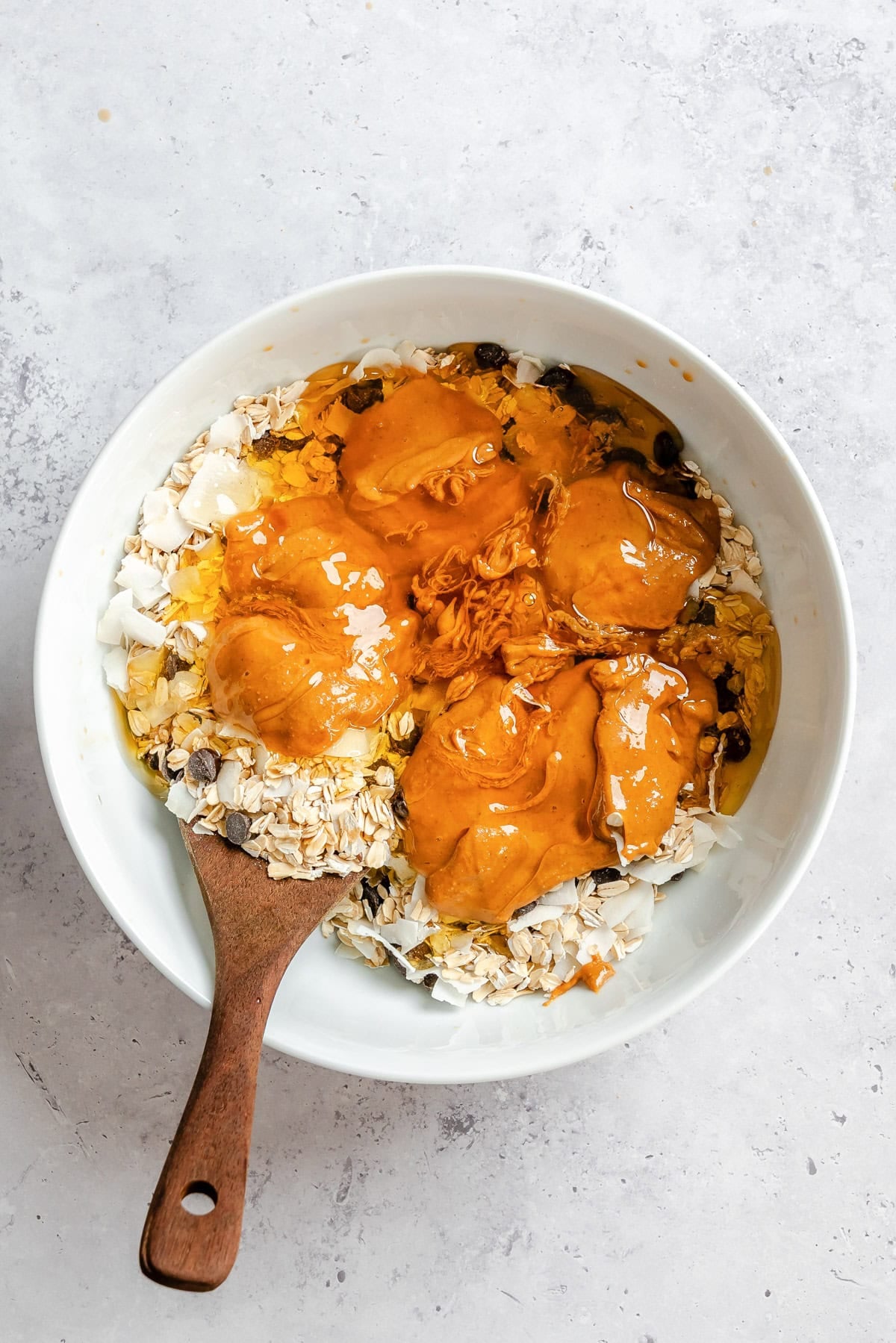 Wet ingredients in a peanut butter oatmeal bite