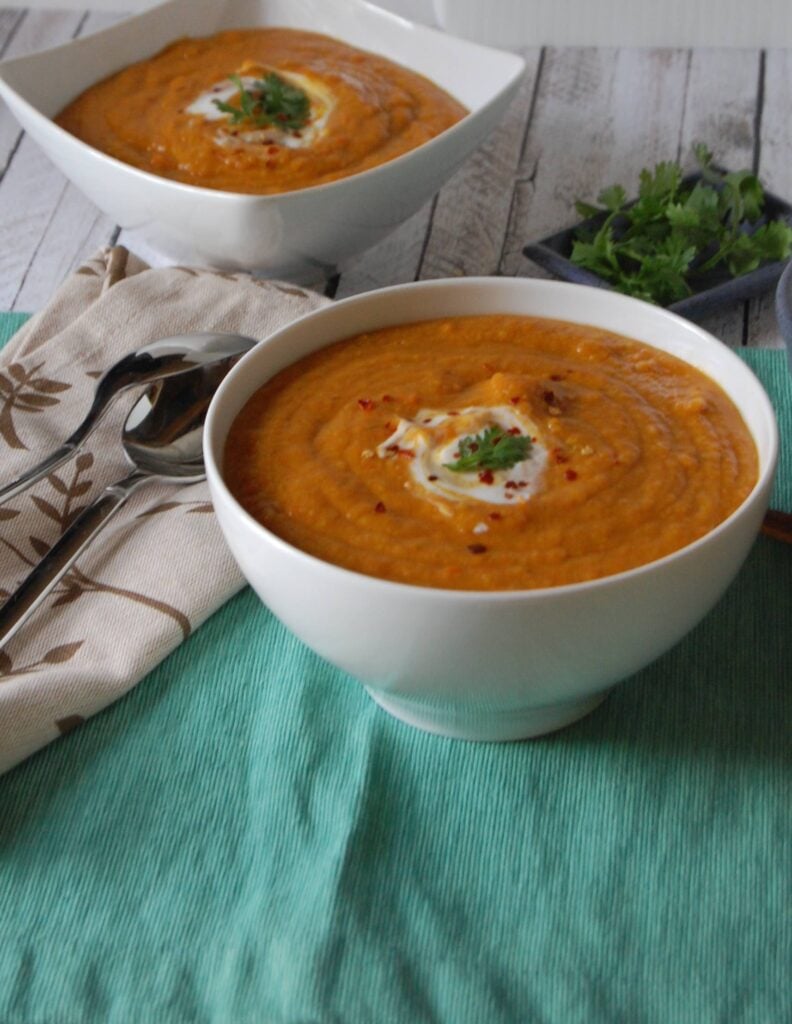 Moroccan Carrot Red Lentil Soup in white bowl