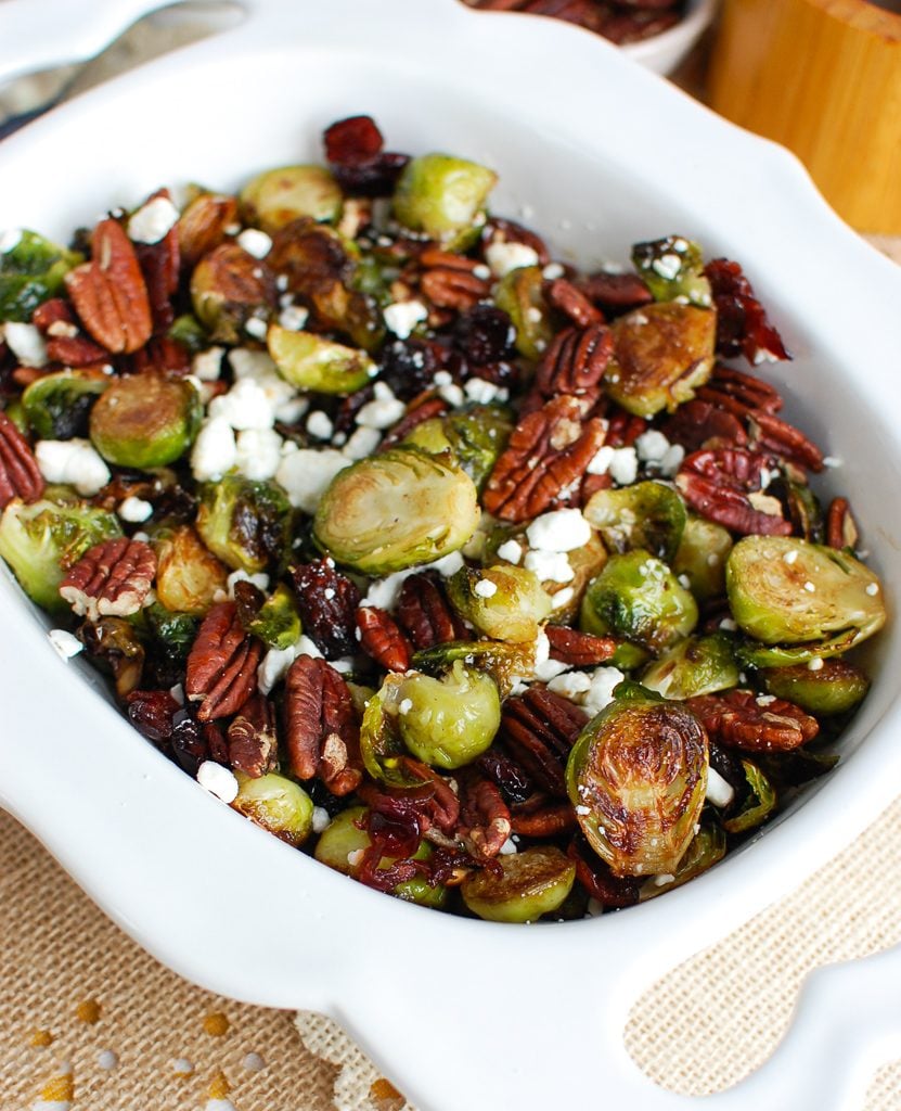 Brussels Sprouts with Cranberries in white bowl 