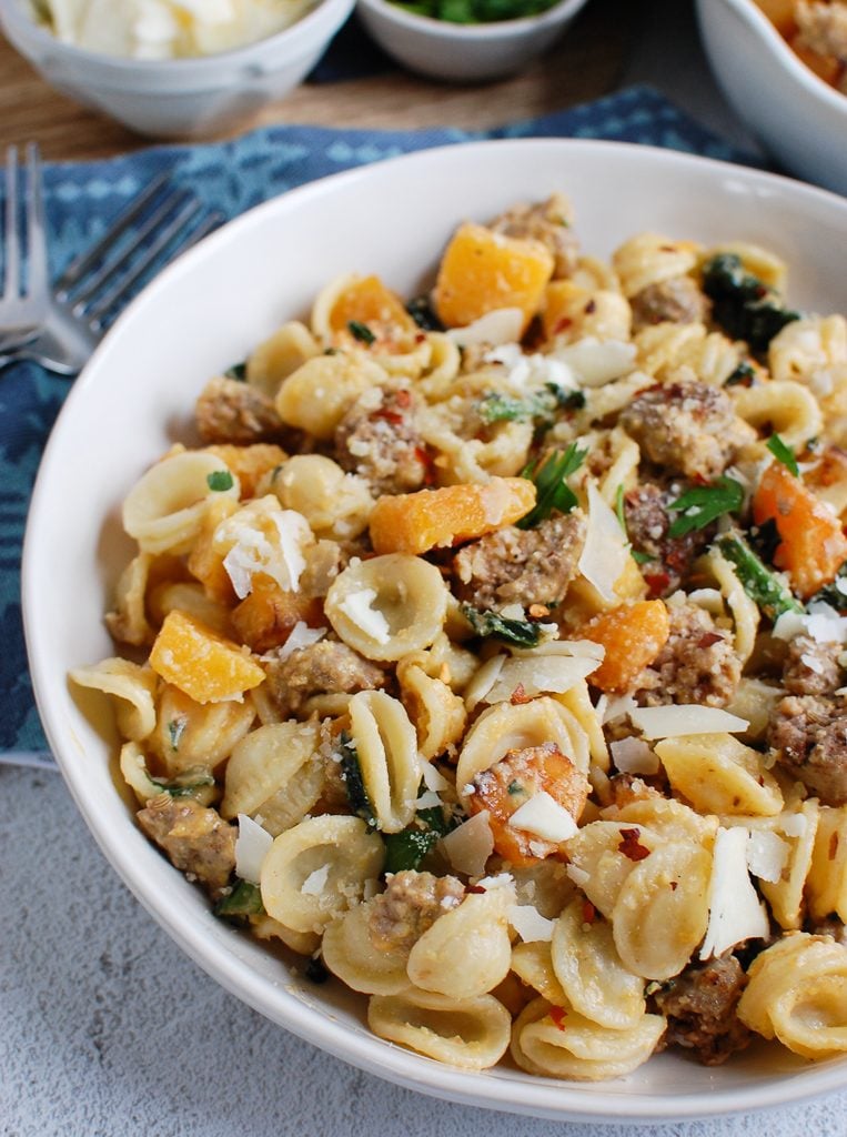 Butternut Squash Pasta in a white bowl 