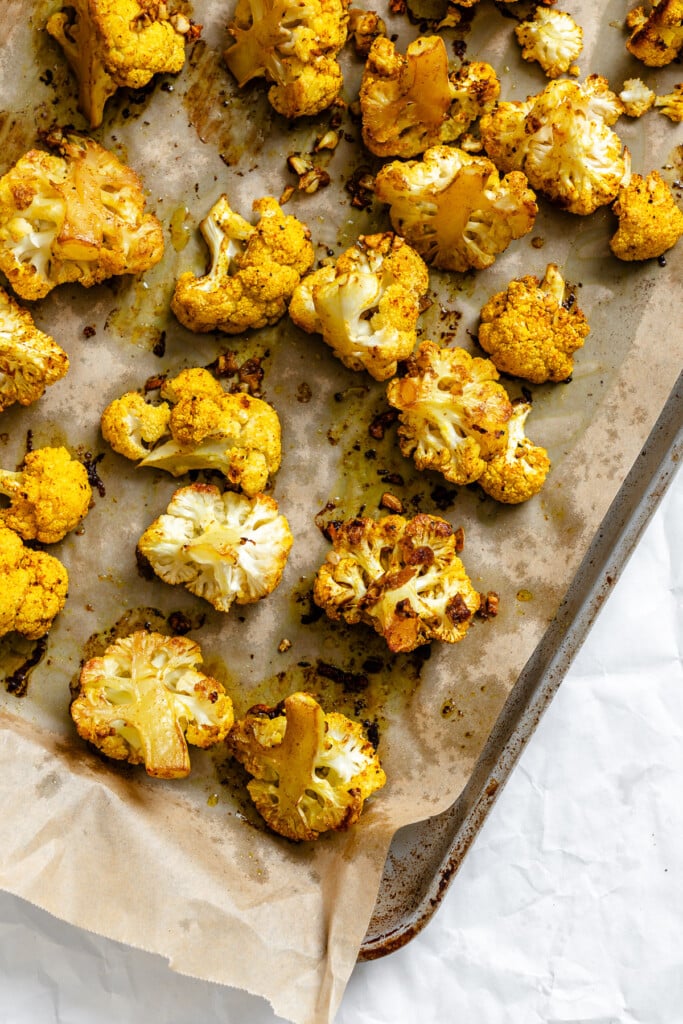 Curry Roasted Cauliflower on baking sheet 