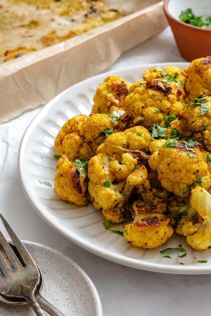 Curry Roasted Cauliflower with cilantro on plate 