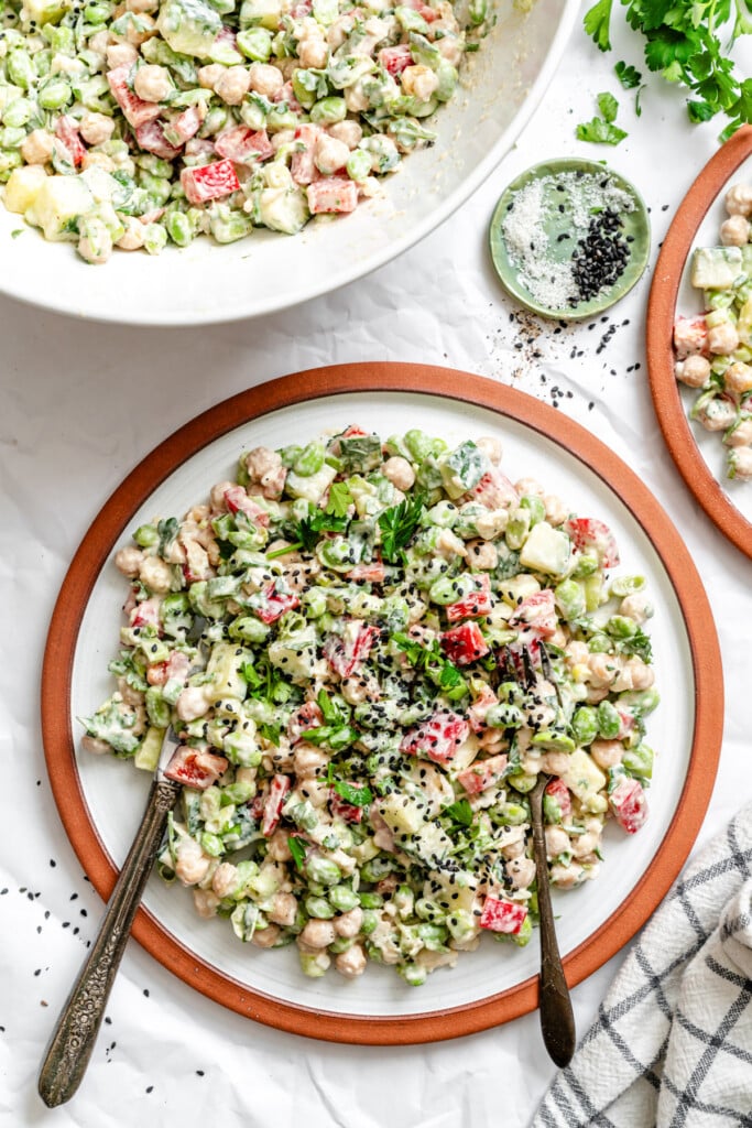 Edamame Chickpea Feta Salad on white plate 