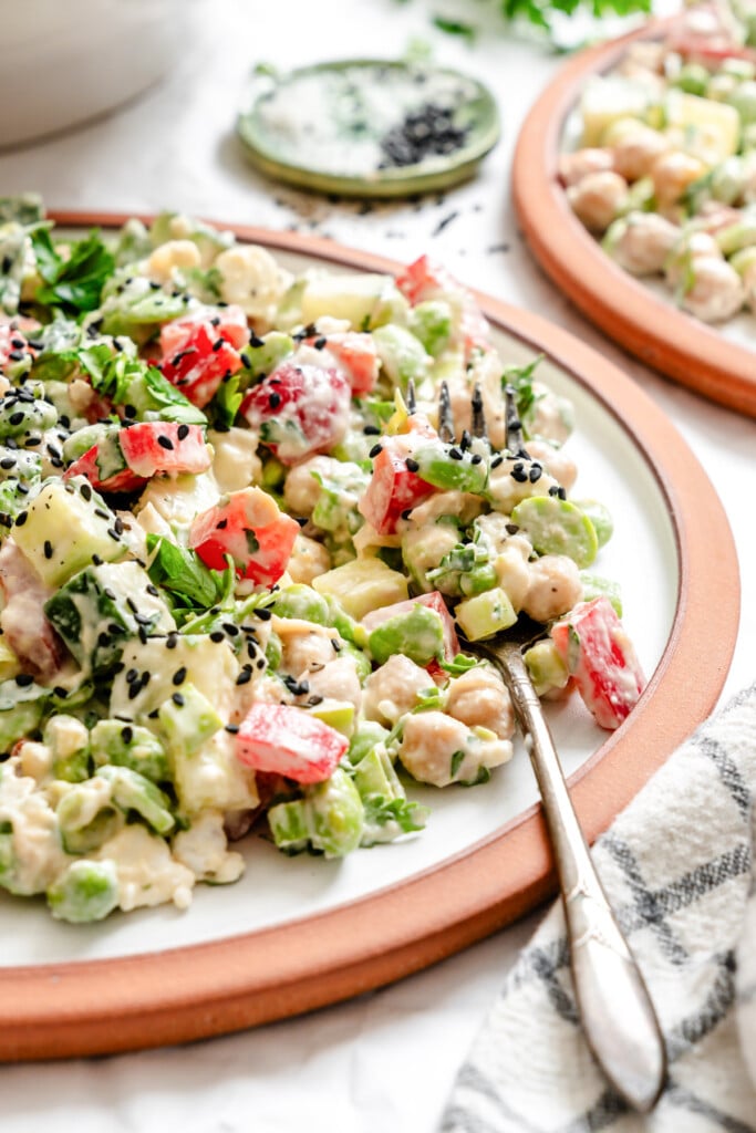 Edamame Chickpea Feta Salad up close on plate 