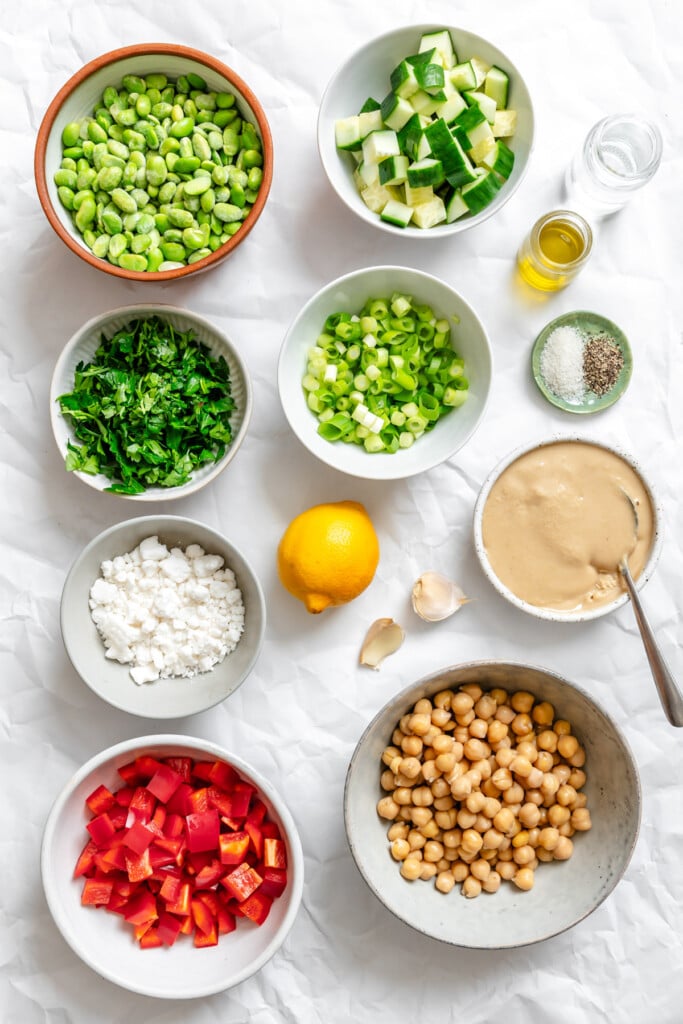 Edamame Chickpea Feta Salad ingredients 