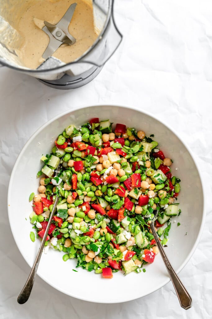 Edamame Chickpea Feta Salad with forks 