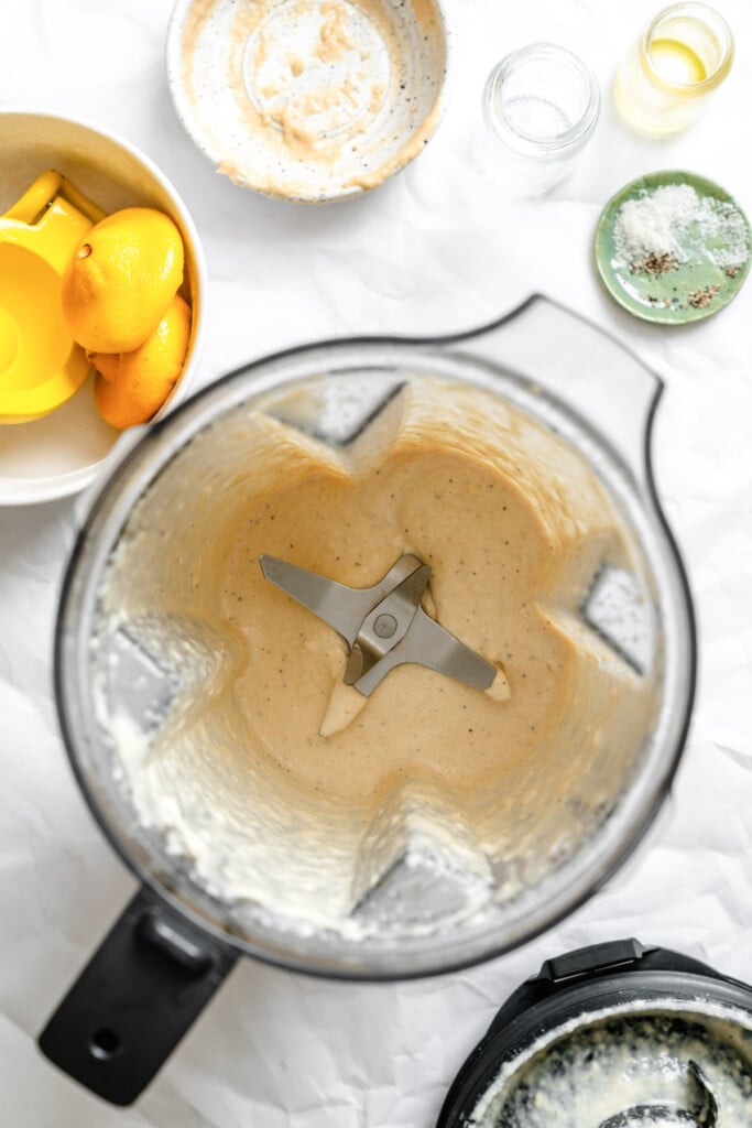 Edamame Chickpea Feta Salad dressing in blender 