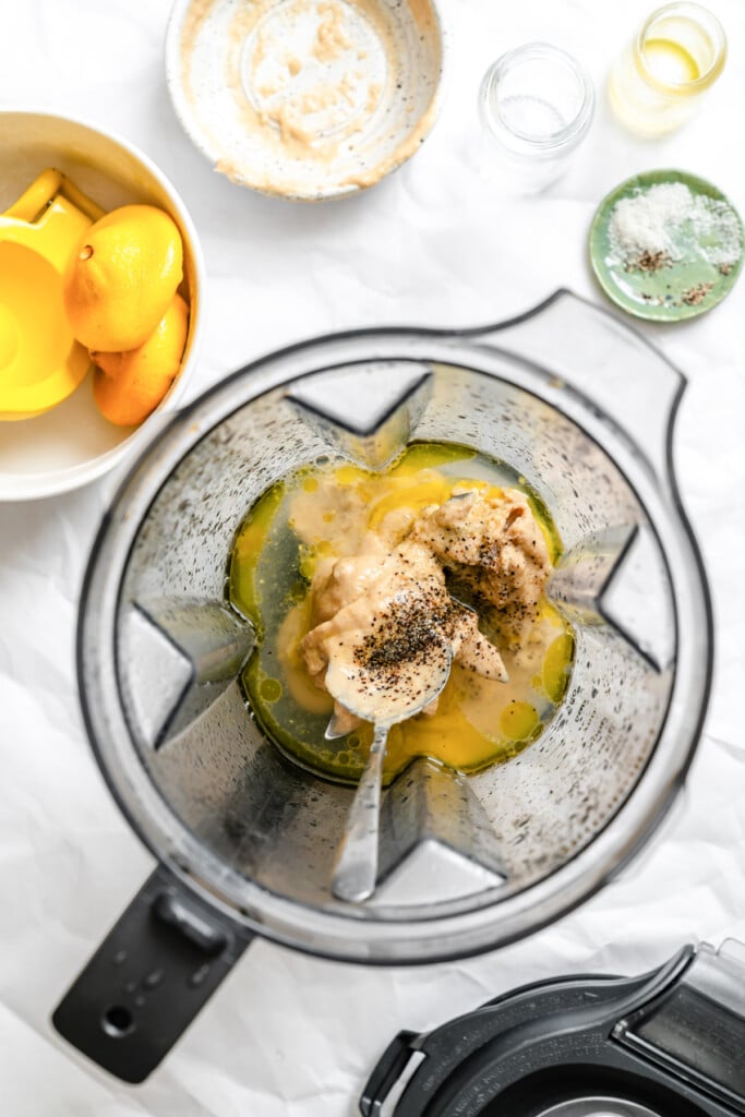 Edamame Chickpea Feta Salad dressing in blender 